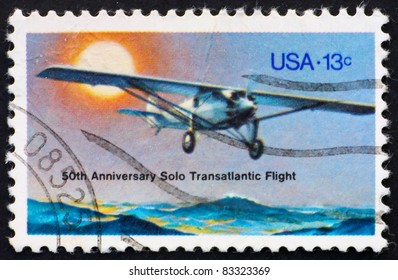 UNITED STATES OF AMERICA - CIRCA 1977: A Stamp Printed In The United States Of America Shows Plane, Spirit Of St. Louis, 50 Anniversary Of 1st Solo Transatlantic Flight From NY To Paris, Circa 1977