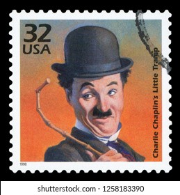 UNITED STATES OF AMERICA - CIRCA 1998: A stamp printed in USA shows portrait of Charlie Chaplin (1889-1977), series Celebrate the Century, 1910s, circa 1998