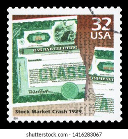 UNITED STATES OF AMERICA - CIRCA 1998: A Postage Stamp Printed In USA Showing An Image Of A Company Stock Torn About The 1929 Stock Market Crash, 1998.