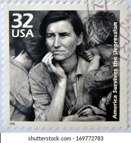 UNITED STATES OF AMERICA - CIRCA 1998: A Stamp Printed In USA Showing An Image Of A Mother With Her Children During The Great Depression, Circa 1998. 