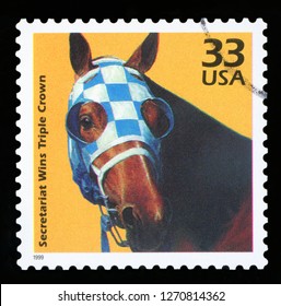 UNITED STATES OF AMERICA - CIRCA 1999: A Postage Stamp Printed In USA Showing An Image Of Secretariat The First Racehorse To Win The US Triple Crown, Circa 1999.