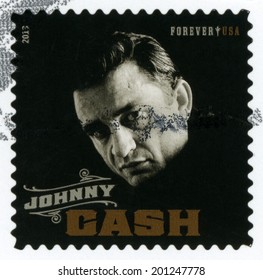 UNITED STATES OF AMERICA - CIRCA 2013: Square Forever Stamp Printed In USA Shows Black & White Closeup Of Johnny Cash; Singer, Rock & Roll, Blues, Country, Gospel; Music Icons; Scott 4789; Circa 2011