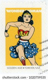 UNITED STATES OF AMERICA - CIRCA 2016: forever post stamp printed in USA (US) shows super hero wonder woman; 75th anniversary; golden age (1941-1955); Scott 5152 yellow, circa 2016