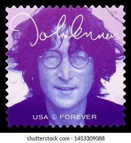 UNITED STATES OF AMERICA - CIRCA 2018: A Stamp Printed In USA Shows John Winston Ono Lennon (1940-1980), Series Music Icons, Forever, 2018.