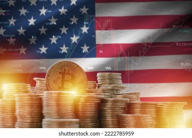 United States of America flag and big amount of golden bitcoin coins and trading platform chart. Crypto currency concept