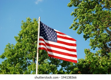 United States of America flag with blue sky and trees in the background  - Shutterstock ID 194138366