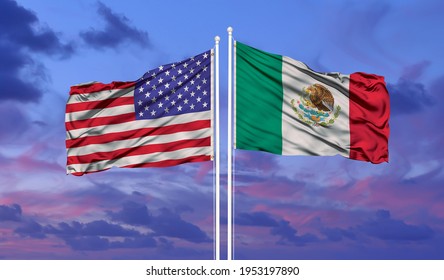  United States of America  Mexico Flags are waving in the sky. - Shutterstock ID 1953197890