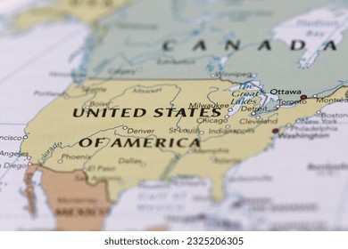 United States of America on a world map, Selective focus on label. Closeup shot. - Shutterstock ID 2325206305