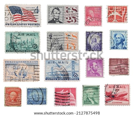 United States of America postage stamps isolated on a white background.