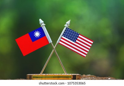 United States Of America And Taiwan Small Flag With Blur Green Background