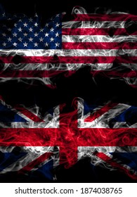 United States of America, America, US, USA, American vs United Kingdom, Great Britain, British smoky mystic flags placed side by side. Thick colored silky abstract smoke flags