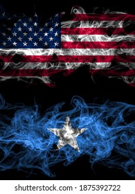 United States Of America, America, US, USA, American Vs Somalia, Somali Smoky Mystic Flags Placed Side By Side. Thick Colored Silky Abstract Smoke Flags