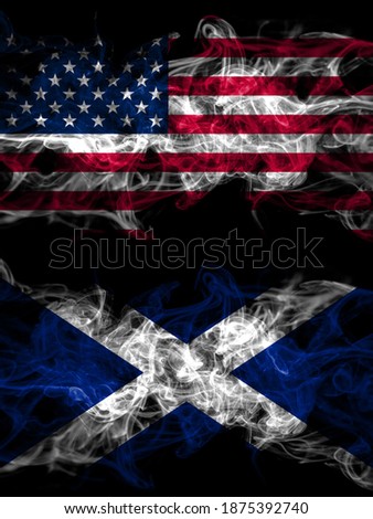 United States of America, America, US, USA, American vs Scotland, Scottish, Scots smoky mystic flags placed side by side. Thick colored silky abstract smoke flags