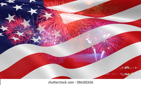 United States Of America USA Flag With Fireworks Background For 4th Of July