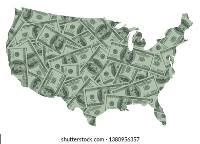 United States Of America USA Map And Money Concept, Hundred Dollar Bills