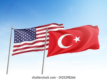 United States Of America (Usa) And Turkey Flags Waving In The Dawn Sky Nato