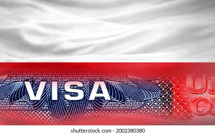 United States Of America Visa Document, With Poland Flag In The Background.