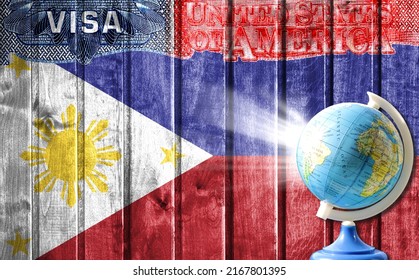 United States of America visa document, flag of Philippines and globe in the background. The concept of travel to the United States and illegal migration