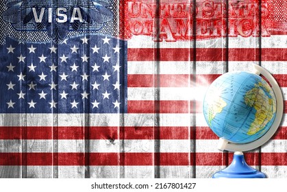 United States of America visa document, flag of America and globe in the background. The concept of travel to the United States and illegal migration - Shutterstock ID 2167801427