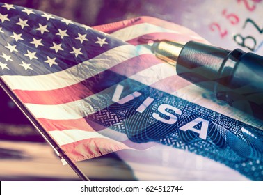 United States of America Visa Document, with USA flag in the background. - Shutterstock ID 624512744
