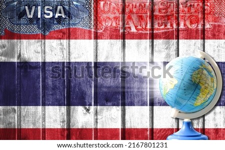 United States of America visa document, flag of Costa Rica and globe in the background. The concept of travel to the United States and illegal migration