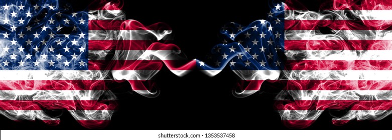 United States of America vs United States of America, American smoky mystic flags placed side by side. Thick colored silky smoke flags of America and United States of America, American.