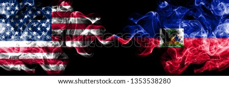 United States of America vs Haiti, Haitian smoky mystic flags placed side by side. Thick colored silky smoke flags of America and Haiti, Haitian.