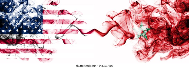 United States of America vs Morocco, Moroccan smoky mystic flags placed side by side. Thick colored silky abstract smokes banner of America and Morocco, Moroccan - Powered by Shutterstock