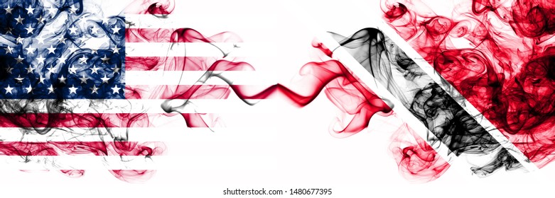 United States of America vs Trinidad and Tobago smoky mystic flags placed side by side. Thick colored silky abstract smokes banner of America and Trinidad and Tobago