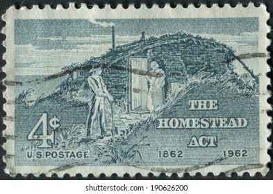 United States Of America-Circa 1962: A Stamp Commemorating The Centennial Of The Homestead Act.