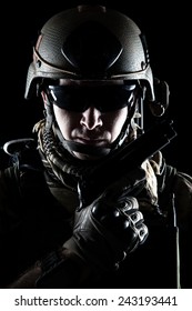 United States Army Ranger With Pistol On Dark Background