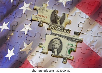 United States Bank Note And Federal Reserve Note On American Flag Puzzle