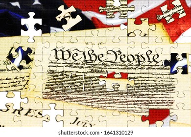 United States Bill Of Rights Preamble To The Constitution And American Flag