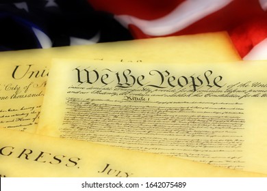 United States Bill Of Rights Preamble To The Constitution And American Flag