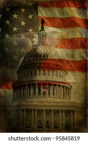 The United States Capitol, American Flag and Bald Eagle with aged, textured effect.