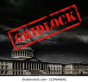 The United States capitol building with dark storm clouds and red Gridlock stamp
