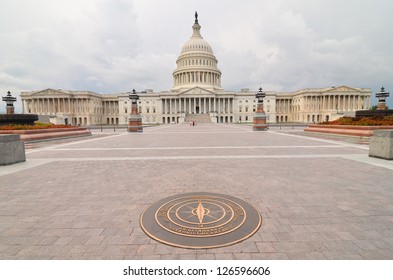 United States Capitol Building East Facade Wide Angle View  In A Cloudy Day - Washington DC