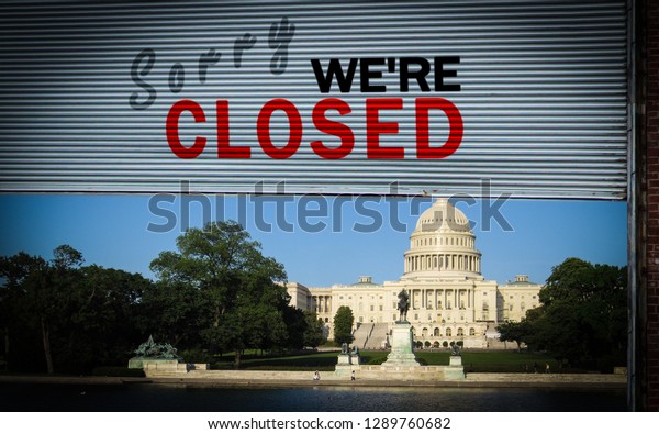 United States\
Capitol Building with a Old grunge weathered and dirty steel metal\
roller shutter door with Sorry we\'re closed text. USA shutdown and\
government closed\
concept