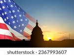 United States Capitol building silhouette and US flags at sunset