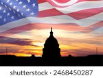 United States Capitol building silhouette and US flag against the sunset