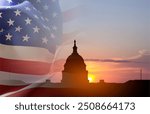 United States Capitol building silhouette and US flag against the sunset