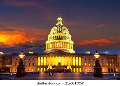 The United States Capitol Building At Sunset At Night In Washington DC, USA