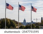 The United States Capitol building with US flags in Washington DC, USA.