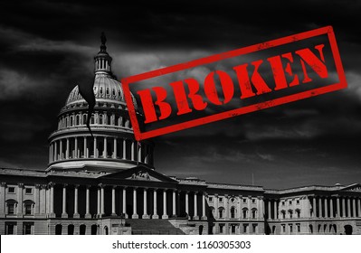 The United States capitol building in Washington DC with a crack in the dome and Broken stamp