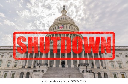 United States Capitol Building in Washington, DC with Shutdown stamp effect