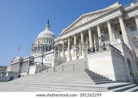 United States Capitol building Washington DC USA scenic view with entrance staircase under clear blue sky
