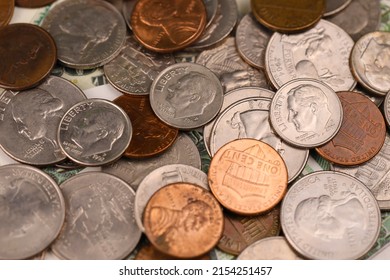 United States cent coins close up. Big amount of money on table. Business and stock concept. Popular and important currency