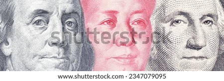 United States and China banknotes featuring the portrait of the country's president, such as those of Benjamin Franklin, George Washington, and Mao Zedong.