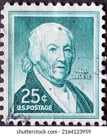 UNITED STATES - CIRCA 1958: a postage stamp from UNITED STATES , showing ein Porträt des American Silversmith and Engraver Paul Revere (1735-1818). Circa 1958