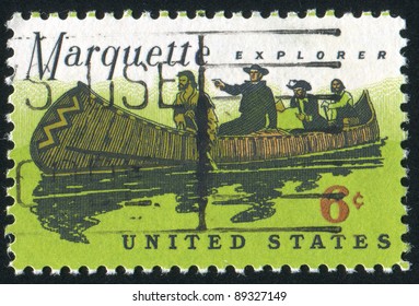 UNITED STATES - CIRCA 1968: Stamp Printed By United States, Shows Father Marquette, Louis Jolliet And Natives, Circa 1968